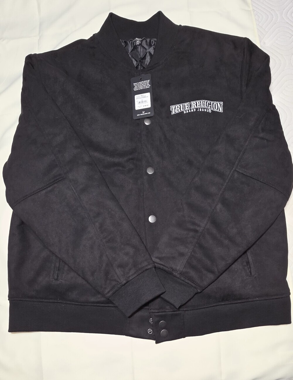 True Religion Men's Arch Suede Bomber Jacket XL with Button-Up Closure Black